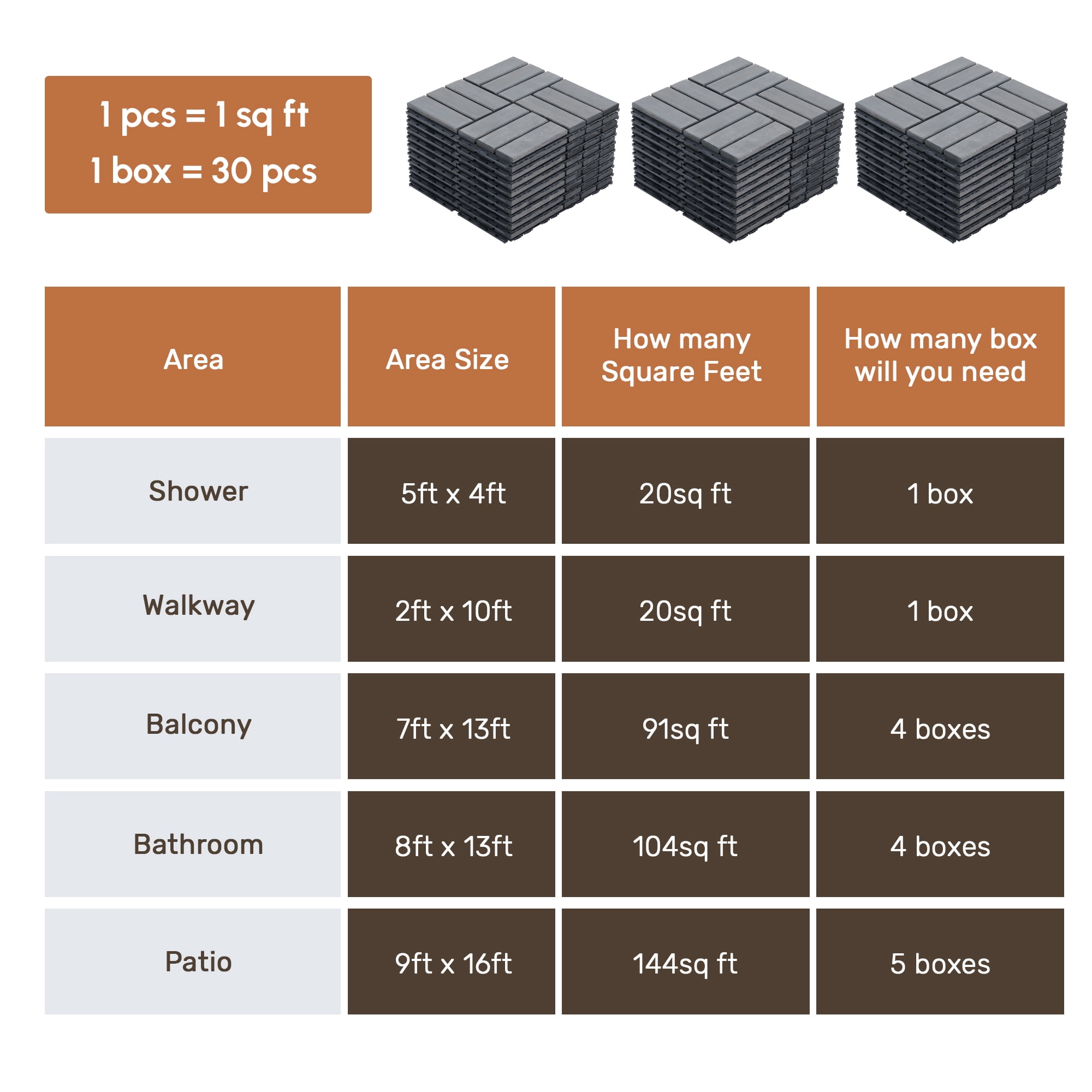 30 PCS Light Gray Acacia Hardwood Interlocking Deck Tiles Checker Pattern 12"x12" Outdoor Flooring for Patio Balcony Pool Side Garden Porch