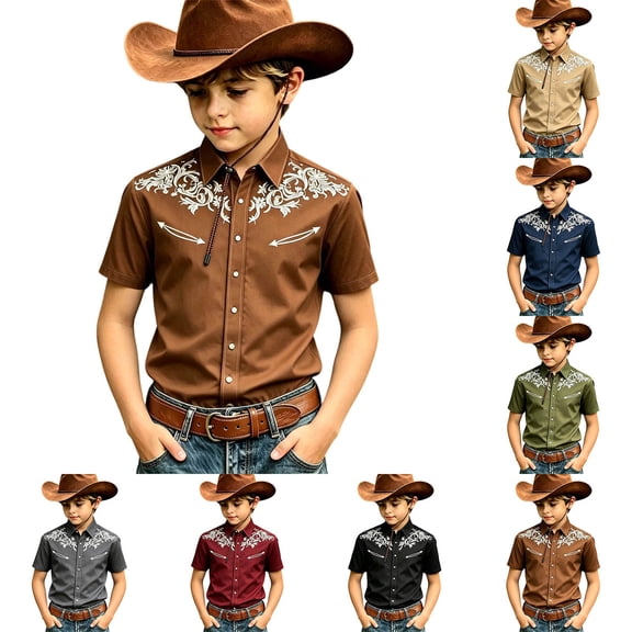 KHONTS Boys Summer Western Shirts Short Sleeve Printed Cowboy Shirts Casual Button down Shirt,Size 4-13 Years Wine 170