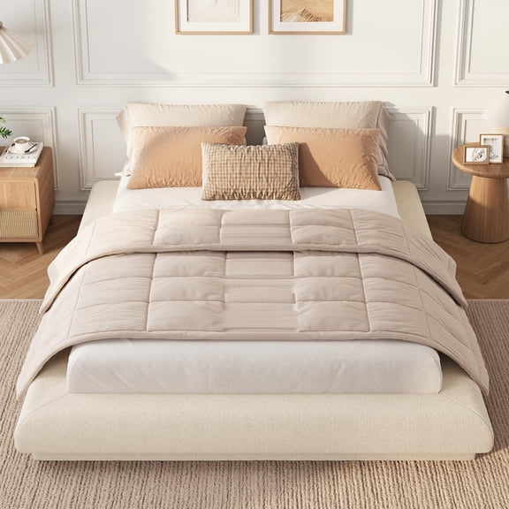 Modern Floating Platform Bed Frame – Upholstered, Noise-Free with Reinforced Steel Frame – Easy Assembly, No Box Spring Needed – Full & Queen, Dark Grey & White