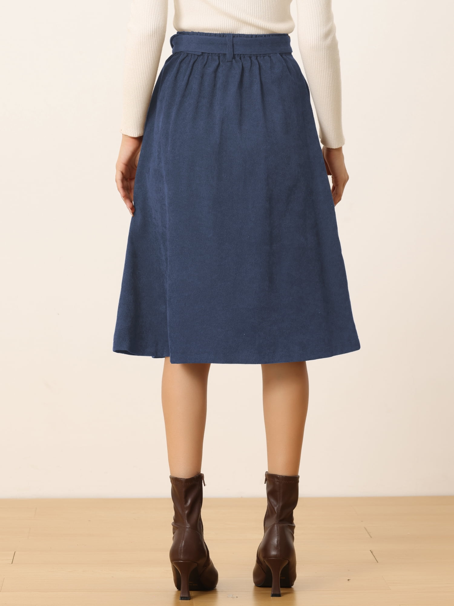 DARING DIVA Women's A-Line Button Front Belted Midi Skirts S Dark Blue