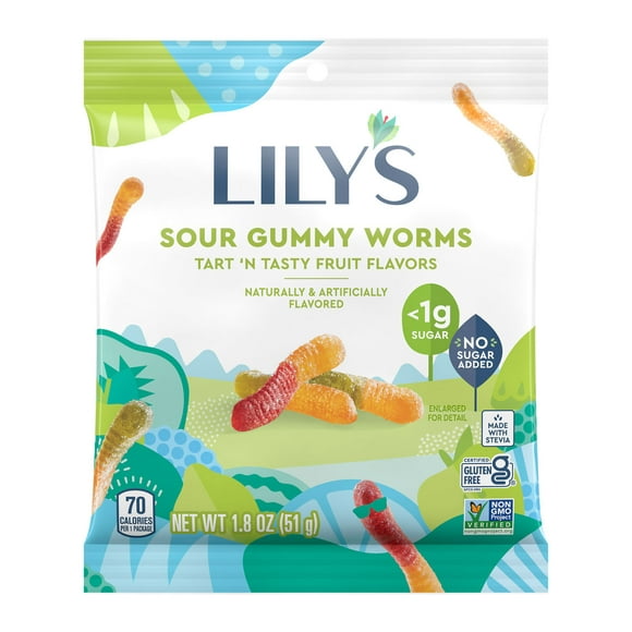 Lily's Assorted Fruit Flavored No Sugar Added Sour Gummy Worms, Bag 1.8 oz