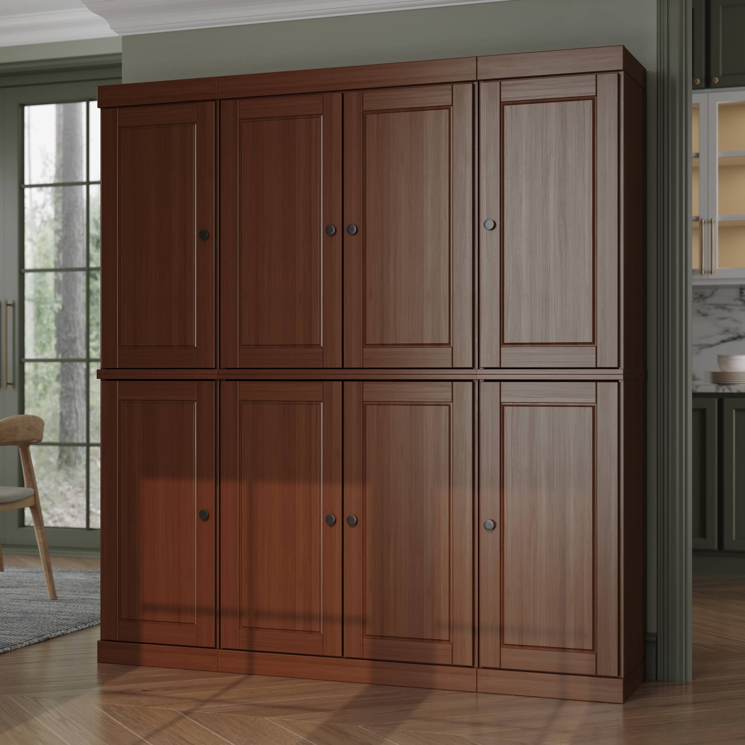 100% Solid Wood Kitchen Pantry Storage Cabinet with Solid Doors and Adjustable Shelves, Mocha Wooden Modular Tall Cabinets