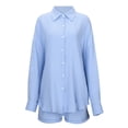thumbnail image 6 of JIAYUE Women 2 Piece Outfits Sets Solid Color Lapel Long Sleeve Casual Linen Blend Poplin Shirt And Shorts Button Ladies Stylish Clothing Set, 6 of 7