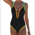 thumbnail image 2 of Traje de Baño de una Pieza para Mujer, con Control de Abdomen, Escote en V Profundo, Neón, Traje de Baño con Lazo en la Espalda, Verano 2025. Negro XL, 2 of 7