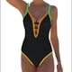 thumbnail image 2 of Traje de Baño de una Pieza para Mujer, con Control de Abdomen, Escote en V Profundo, Neón, Traje de Baño con Lazo en la Espalda, Verano 2025. Negro S, 2 of 7