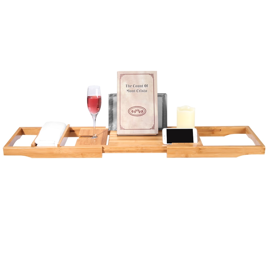 Langria Bamboo Bathtub Caddy Tray With Extending Sides Tablet Holder Cellphone And Wine Glass For Any Size Nature Color