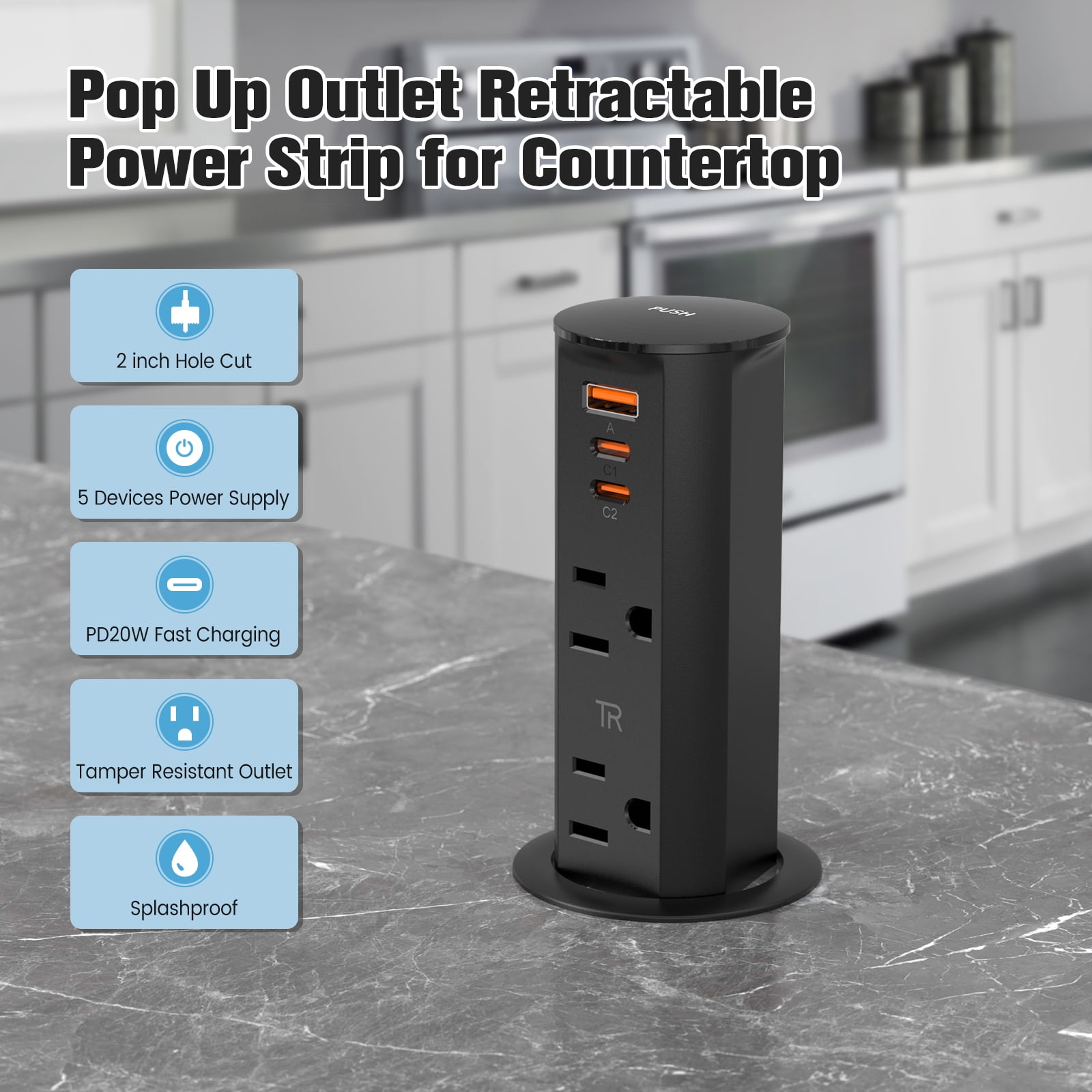 VILONG Desk Pop up Outlet Box Power Strip with 20W USB-C Fast Charging, Recessed Socket Retractable Design for Kitchen Island, Countertop,  ETL Listed, Black