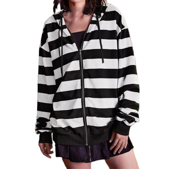 Hoodies for Women Autumn Winter Oversized Striped Loose Long Sleeve Zip Up Drawstring Sweater Jacket