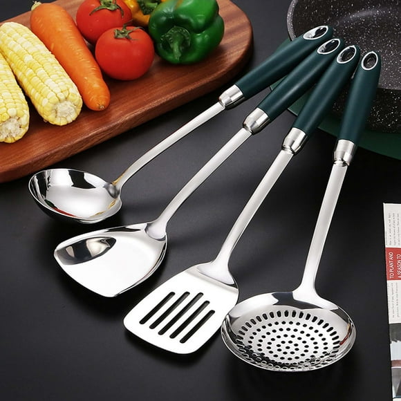 Juego de utensilios de cocina de acero inoxidable - Utensilios de cocina de 4 piezas con cuchara ranurada, espátula, cucharón y colador - Asas ergonómicas antideslizantes