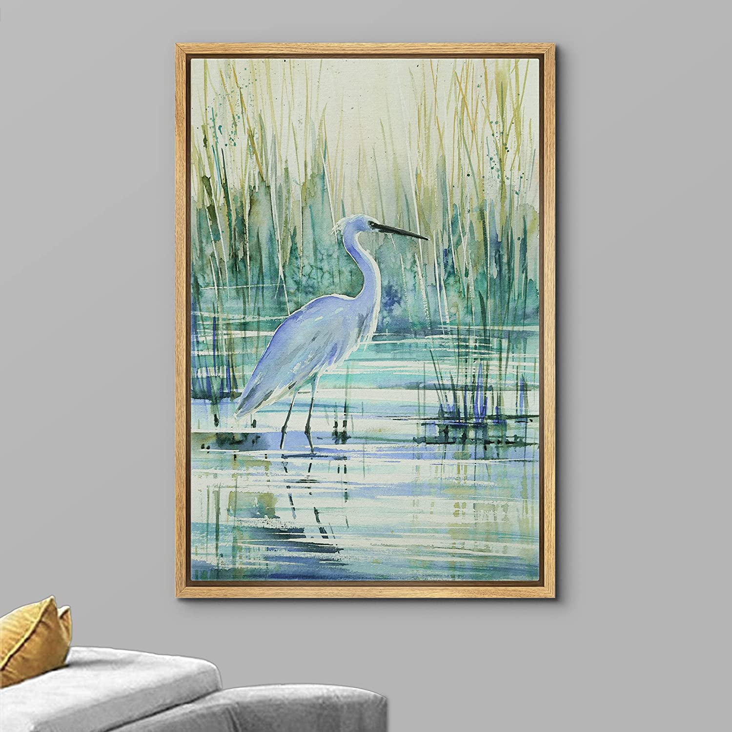 wall26 Framed Canvas Print Wall Art Watercolor Pastel Swamp Crane Bird Nature Wilderness Illustrations Modern Art Decorative Rustic Relax/Calm for Living Room, Bedroom, Office - 16"x24" Nat