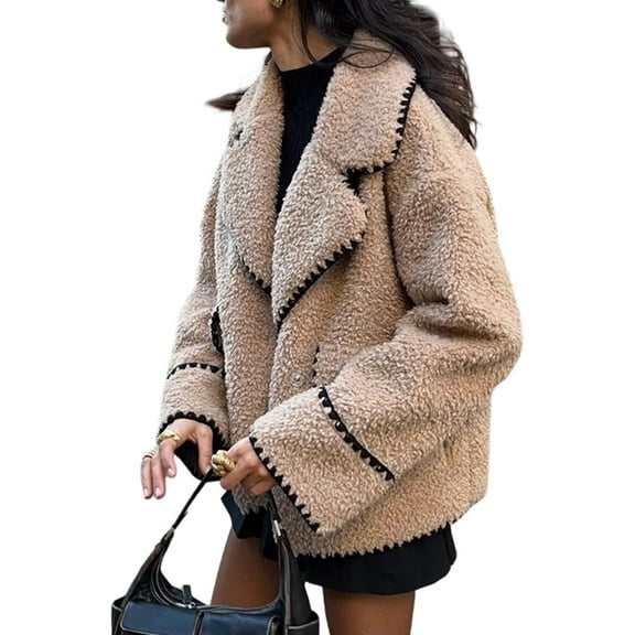 Women Winter Faux Fur Coats Long Sleeve Lapel Outerwear Cardigan Fashion Fur Coat Top Khaki XS