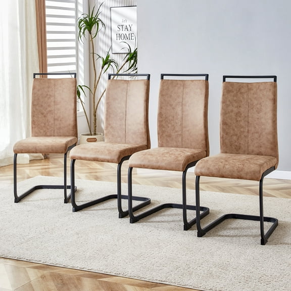Noble House 39.4" Modern High Dining Chairs, PU Leather Upholstered High Back, C-Shaped Metal Legs, Brown, Set of 4