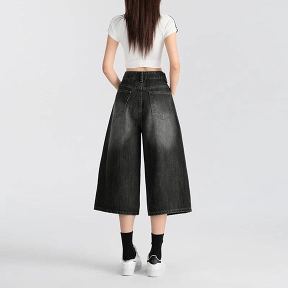 Holzkary Cropped Jeans for Women Men High Waist Wide Leg Baggy Jorts Y2K Casual Denim Capris Pants Grunge Summer Clothes. Black L