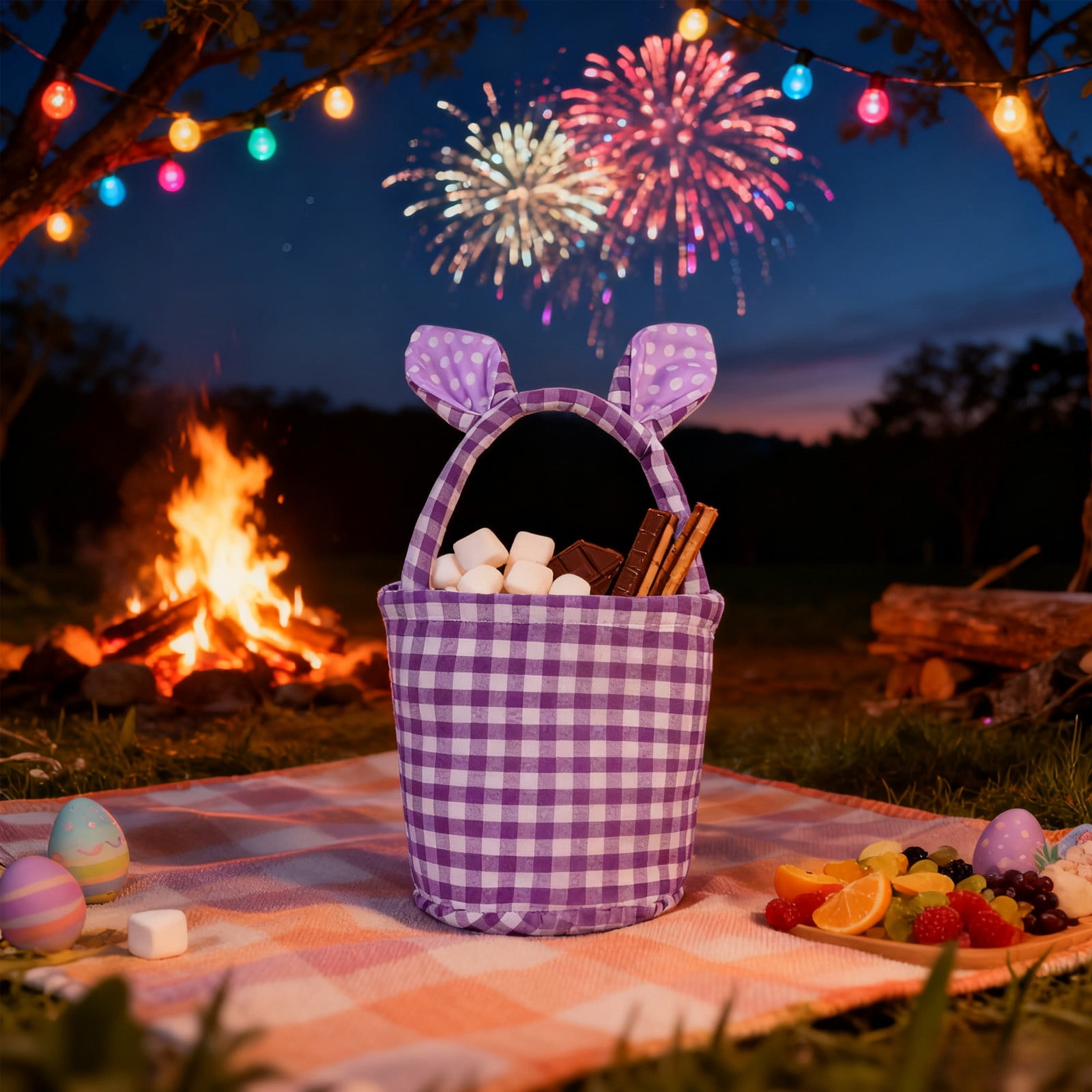 Lunxisen 4 Pcs Easter Bunny Basket Plaid Gingham Easter Buckets with Border Pleat,Cute Easter Basket Tote Easter Eggs Hunt Bag,Easter Decorations,Candy Gifts Storage