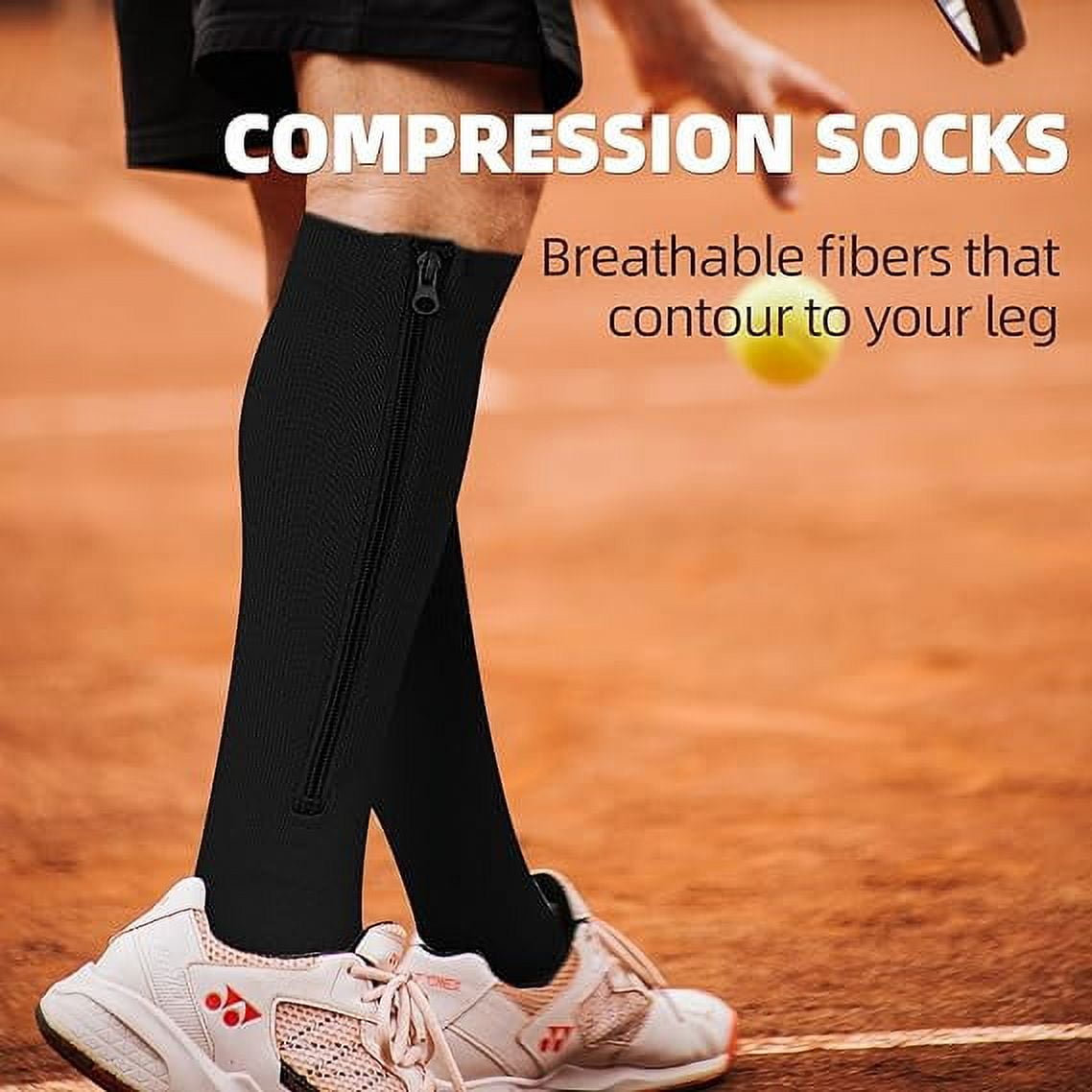 2 Pairs Wukang Zipper Compression Socks for Women & Men, 15-20 mmHg Closed Toe Compression Stocking with Zipper (Black+Beige)