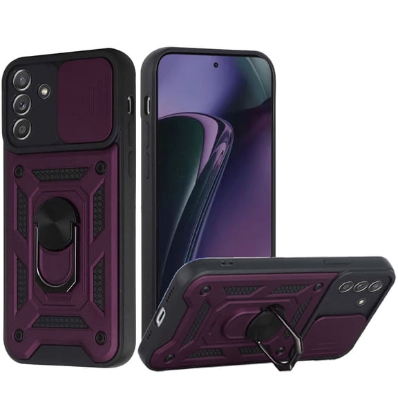 For Motorola Moto G Stylus 5G 2024 Camera Push Magnetic Ring Hybrid Kickstand Cover Cell Phone Case Tempered Glass - Purple