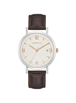 Men's Peugeot Round Sun Moon Leather Strap Watch Brown