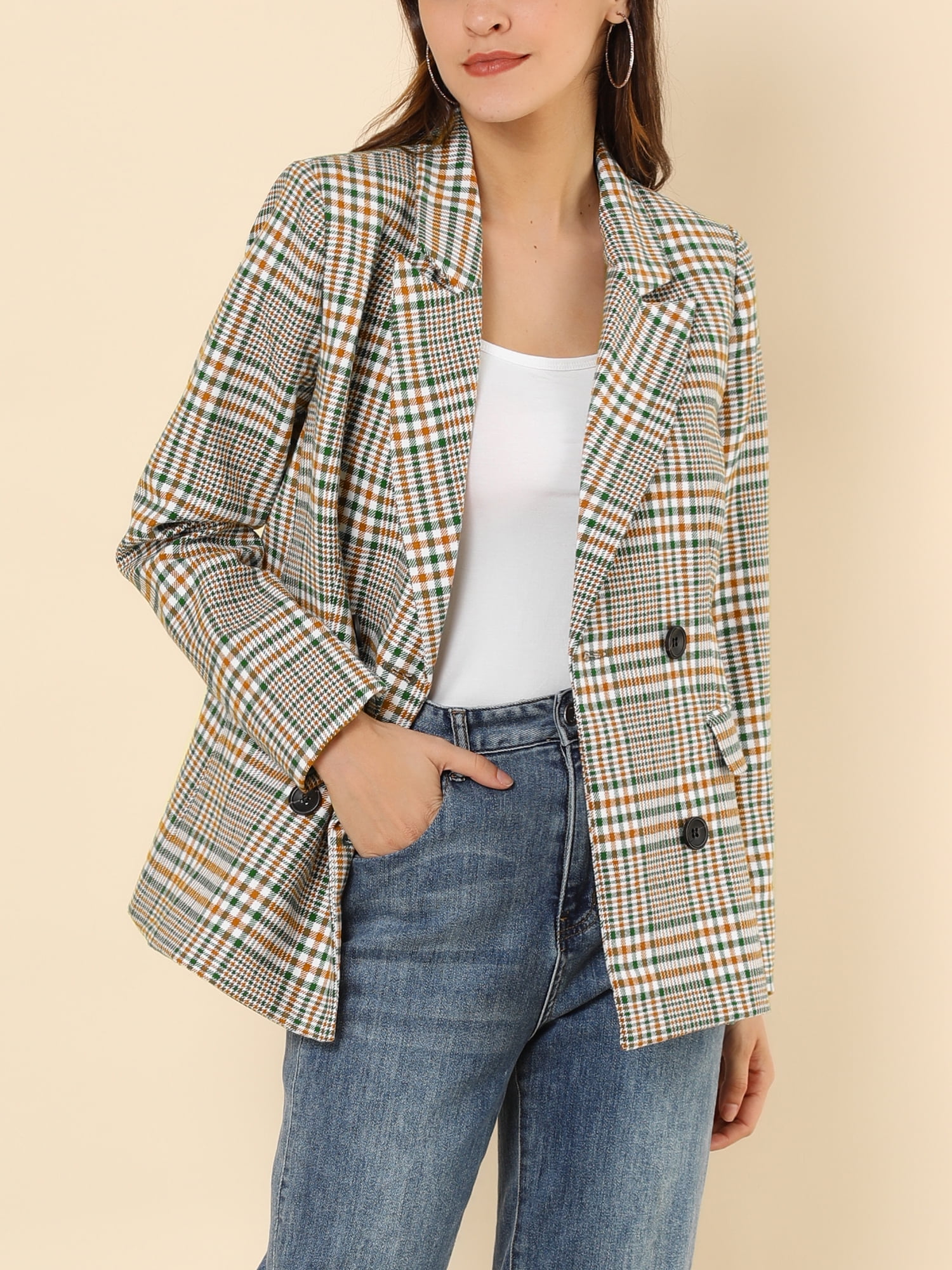 DARING DIVA Women's Plaid Notched Lapel Blazer Jacket XS White Green