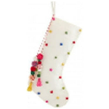 20" White Christmas Stocking with Multicolor Pom-Poms and Tassels