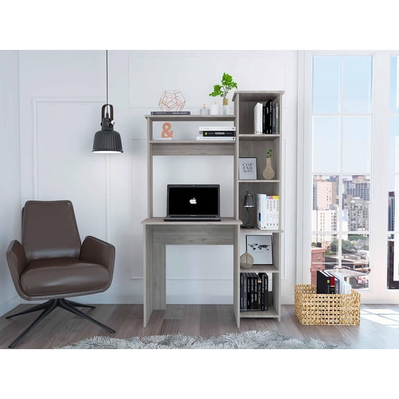 Home Office Desks, Light Grey 6-Shelf Writing Desk with Built-in Bookcase, Light Gray Office Desks,Particle Board Computer Desks, Furniture Office Desks & Work Surfaces