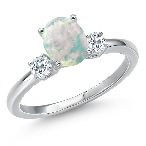 Gem Stone King 14K White Gold Simulated White Opal and White Topaz Engagement Ring for Women | 1.28 Cttw | Oval Cabochon 8X6MM | Gemstone October Birthstone | Size 6
