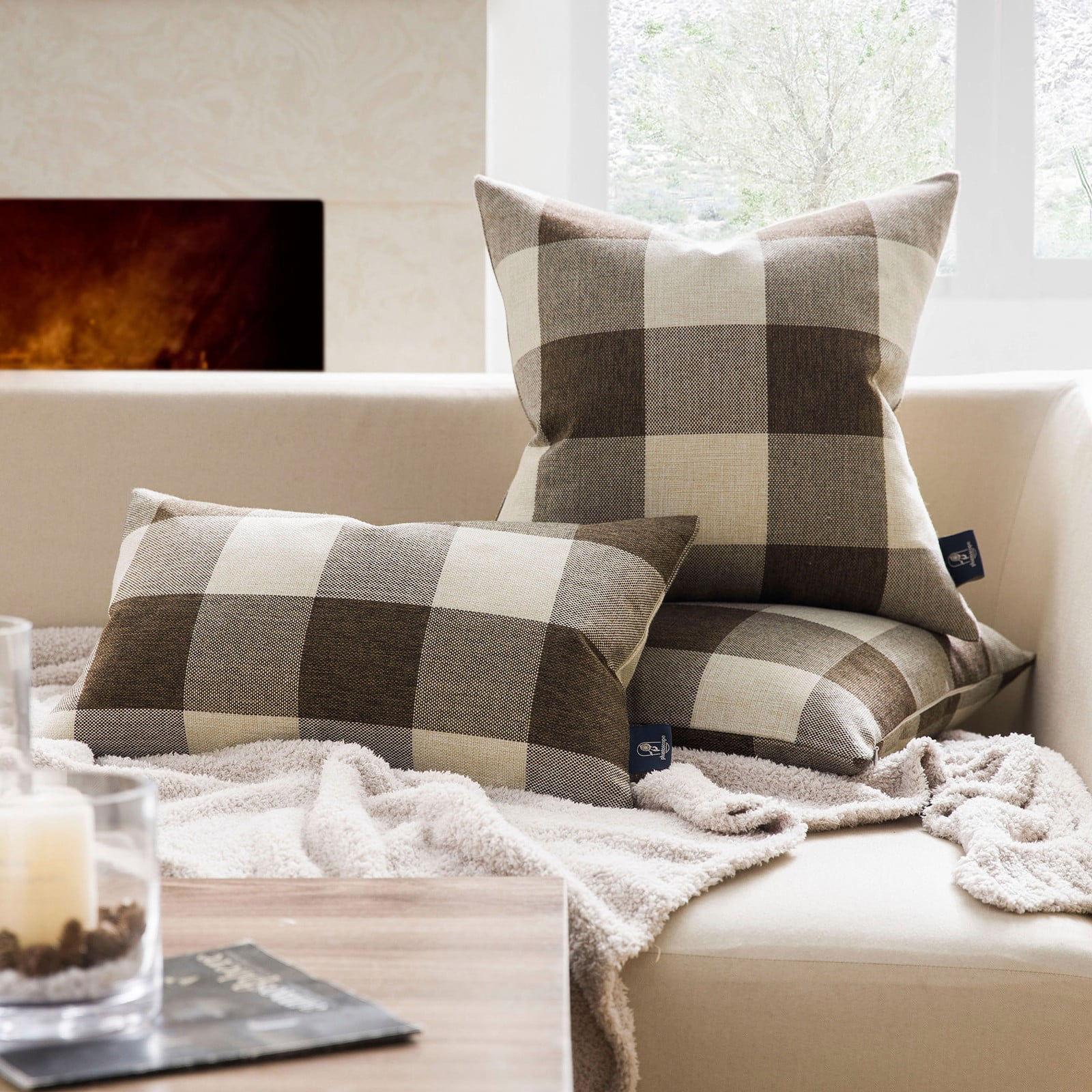 SUSHANG 2 Pieces of Brown Cushions Buffalo Checker Plaids Cushion Square Decorative Throw Pillow Cusion for Couch 18" X 18" Coffee 2 Pack