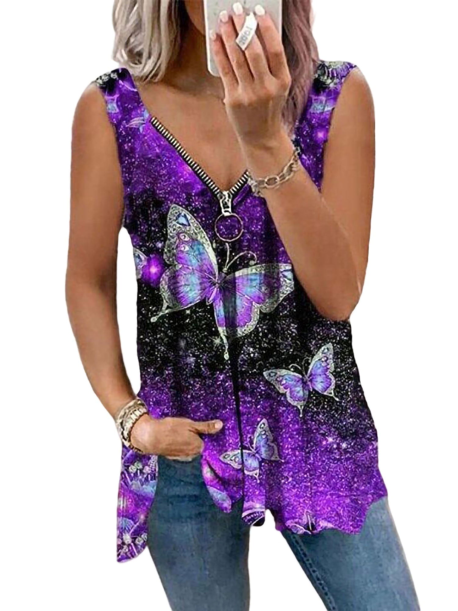Womens Tunic Tank Top Collared V Neck Flowy Sleeveless Shirt Button up Butterfly Print Henley Tops Loose Fit Casual Blouse