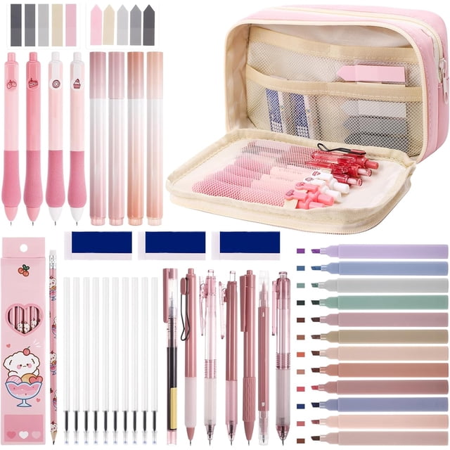 49PCS Aesthetic School Supplies,Pink Pen Case with 16 Pastel Highlighter 11 Black Gel Pens 10 Refills 6 Pencils 2 Sticky Notes and 3 Erasers for Students Stationary