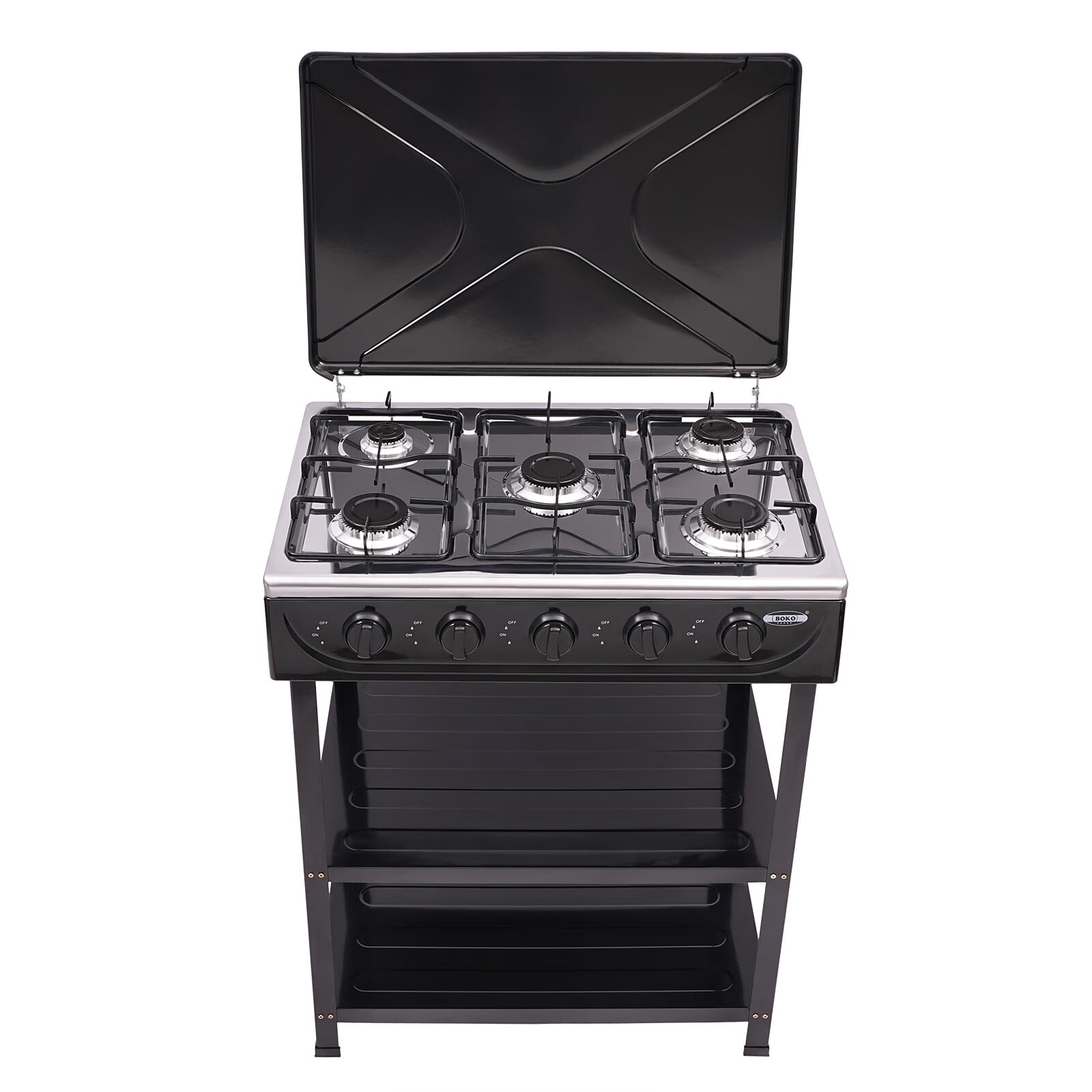 Aiqidi 5-Burner Gas Stove Portable Outdoor Cooking Gas Stove with 2 Tier Storage Shelf and Wind Blocking Cover for Camping Picnic BBQ (Black)