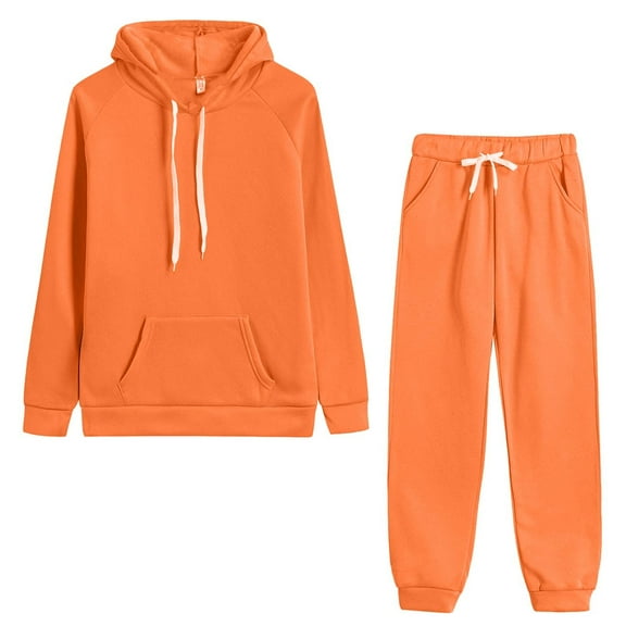 Ediodpoh Womens Solid Color Long Sleeve Hooded Sweatsuit Casual Loose Two Piece Set Sets for Women 2 Pieces Orange M