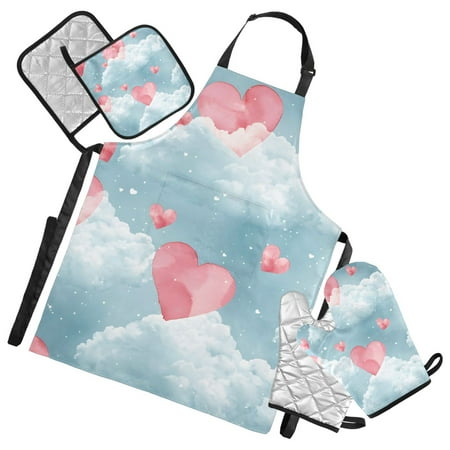 Cute Hearts in The Clouds Apron Set with Oven Mitts Pot Holders Set of 5 Kitchen Stuff Accessories