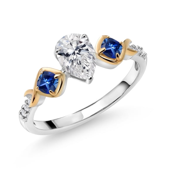 Gem Stone King 925 Silver and 10K Yellow Gold Lab Grown Diamond and Blue Created Sapphire Engagement Ring for Women | 1.26 Cttw | Pear Shape 7X5MM | Gemstone April Birthstone | Size 8
