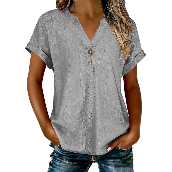 Abcnature Haut à Boutons à Col en V pour Femmes, Blouse Texturée à Manches Courtes, Chemise Décontractée Unie pour Dames