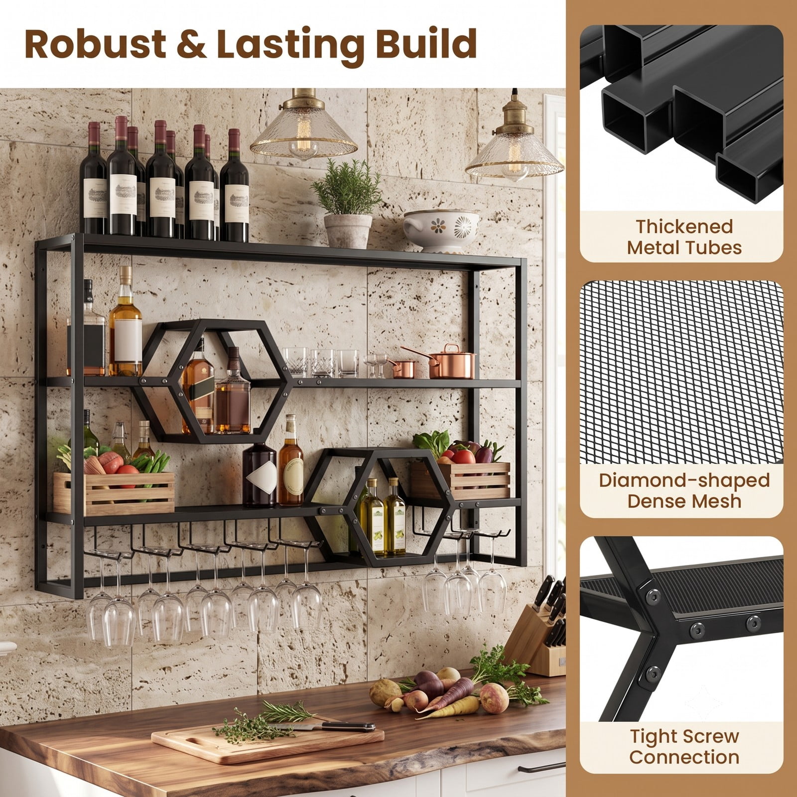 RUIE 47 Inch Wall Mounted Wine Rack, Large Floating Bar Shelves with Glass Holder, Metal Hanging Wine Bottle Storage Organizer for Kitchen Dining Room Bar, Black