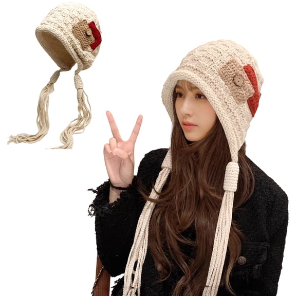 Unique Bargains Beanie Applique Tassel Winter Hat Soft Thick Hats 1 Pc Beige1