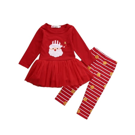 

Aunavey Baby Girls Christmas Outfit Toddler Santa Claus Tutu Tops Dress Striped Pants 2PCS Clothes Set