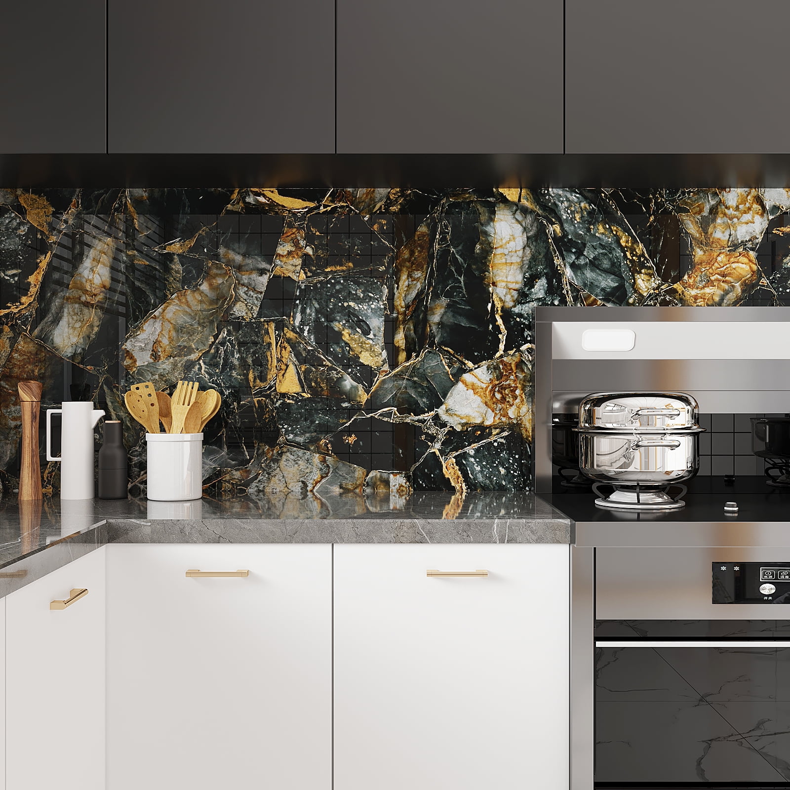 VEELIKE 15.7''x118'' Glossy Slate Gold Marble Peel and Stick Countertops Contact Paper Waterproof Marble Wallpaper for Kitchen Counter Top Self Adhesive Vinyl Wallpaper for Bedroom Shelf Cabinets