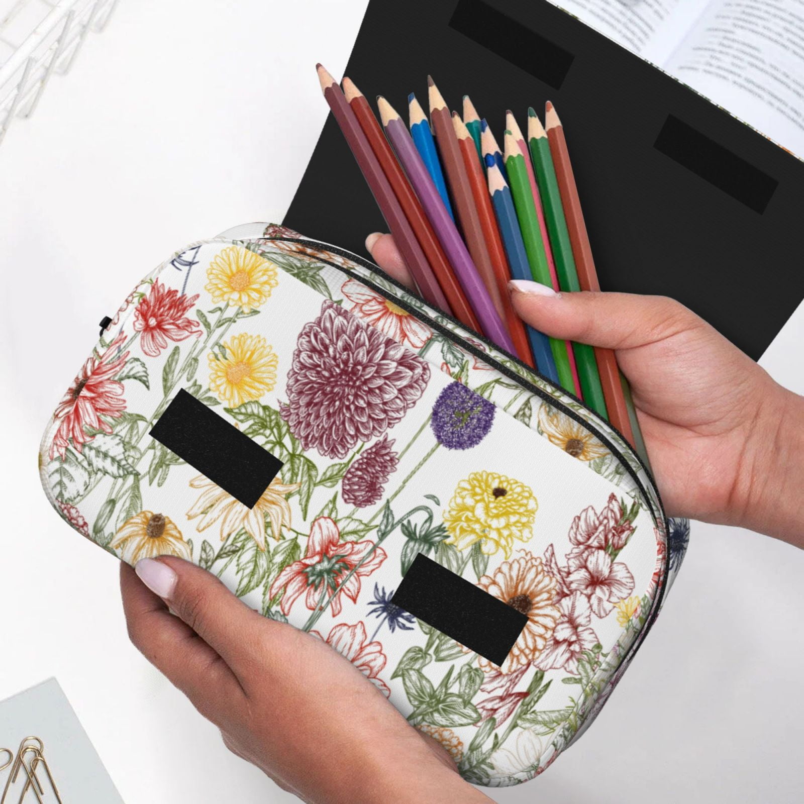 Rateoe Autumn Garden Pattern Double Clamshell Pen Case, Storage Organizer with Two Zipper Compartments– Holds Up to 50 Pencils & Pens