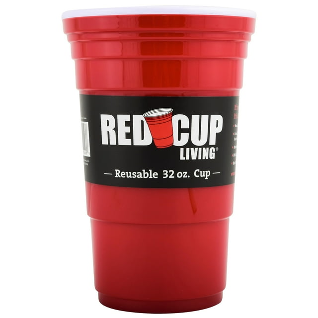 vaso de plástico reutilizable red cup living 946 ml sin bpa — vaso rojo apilable 32 oz (946 ml) con banda negra de marca centrada, vista frontal, acabado liso de plástico ABS y tapa blanca visible, apto para fiestas, uso diario y bebidas frías o café helado; también suele usarse como vaso de postre o para llevar.