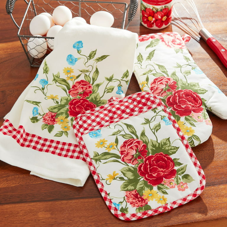 Pioneer Woman Flea Market ROSES AQUA Kitchen Towels Oven Mitt Pot