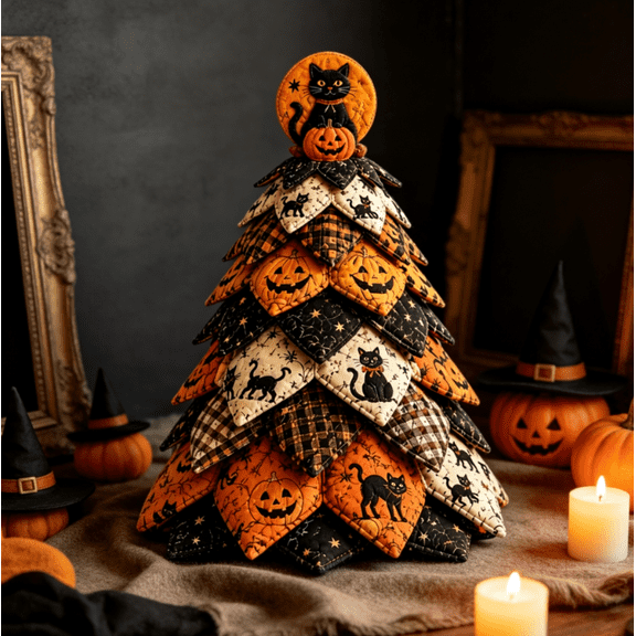 2026 DIY Halloween Quilted Fabric Tree Kit - Quilted Patchwork Fabric Halloween Tabletop Tree, Autumn Mantel Ornament for Adult Rustic Farmhouse Display (Black Cat Tree)