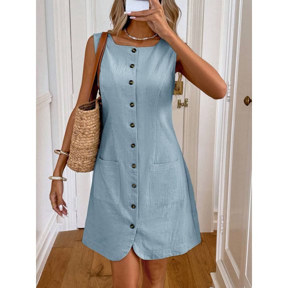 Baby Blue Womens Sleeveless Button-Front Pocket Mini Dress, 100% Cotton Casual Summer Dress
