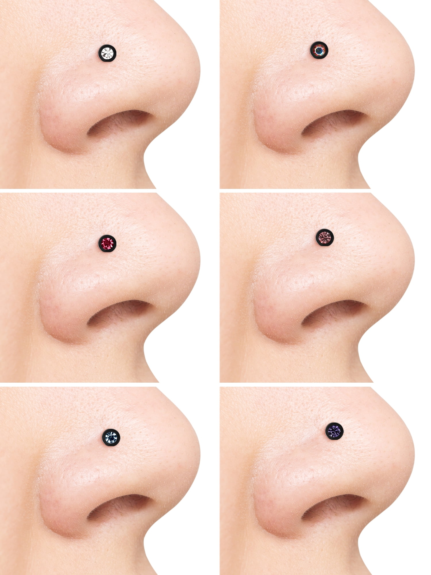 Hot Silver Women's Black Crystal Nose Ring Set, 22G, 6 Pieces