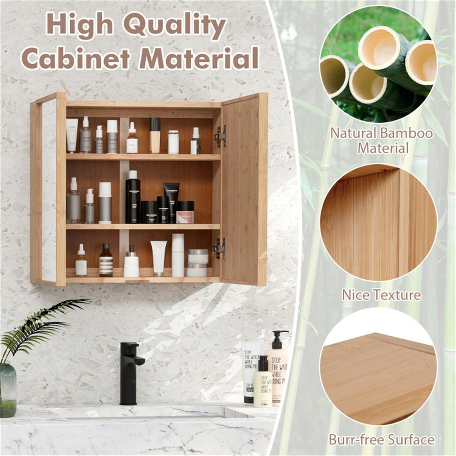 Demi Bonn Bamboo Bathroom Medicine Cabinet with Mirror, Wall Mounted Double Mirror Door Storage Cabinet with Adjustable Shelf for Bathroom Living Room Hallway, Beige