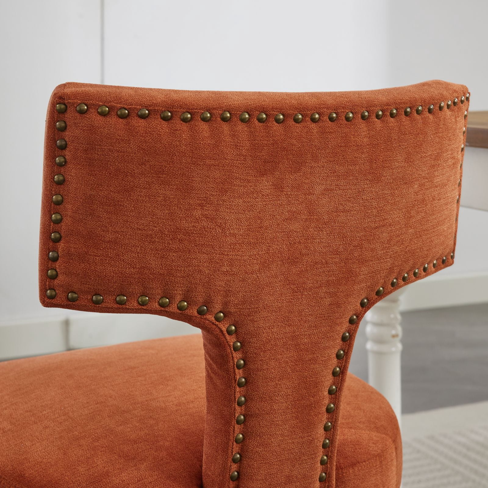 MAYEERTY Mid-Century Modern Dining Chairs - Farmhouse Linen, Curved Back, Copper Nails, Hardwood Frame, Orange, Set of 2