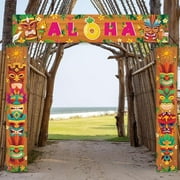 Hawaiian Luau Party Decorations Tiki Banner Aloha Banner Welcome Door Porch Signs for Tiki Bar Tropical Carnival Party Jungle Backdrop