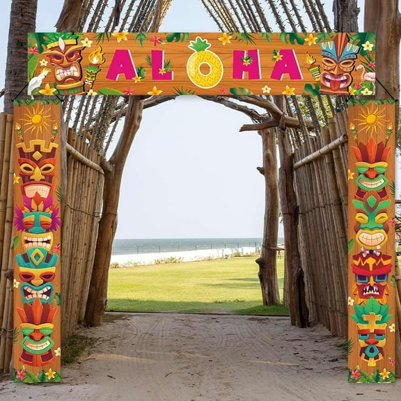 Hawaiian Luau Party Decorations Tiki Banner Aloha Banner Welcome Door Porch Signs for Tiki Bar Tropical Carnival Party Jungle Backdrop