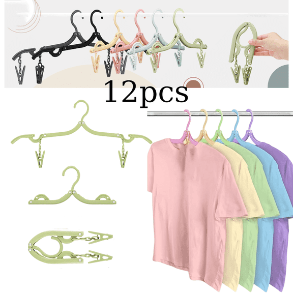 Colorful Folding Hanger Set, 12-Pack Plastic Anti-Slip Hangers with 24 Clips for Travel