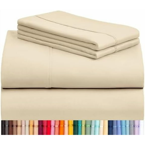 4 PC Queen Sheet Set, Queen Size, Deep Pockets Wrinkle Free Cooling Bed Sheets Machine Washable Hotel Bedding Silky Soft - Cream Queen