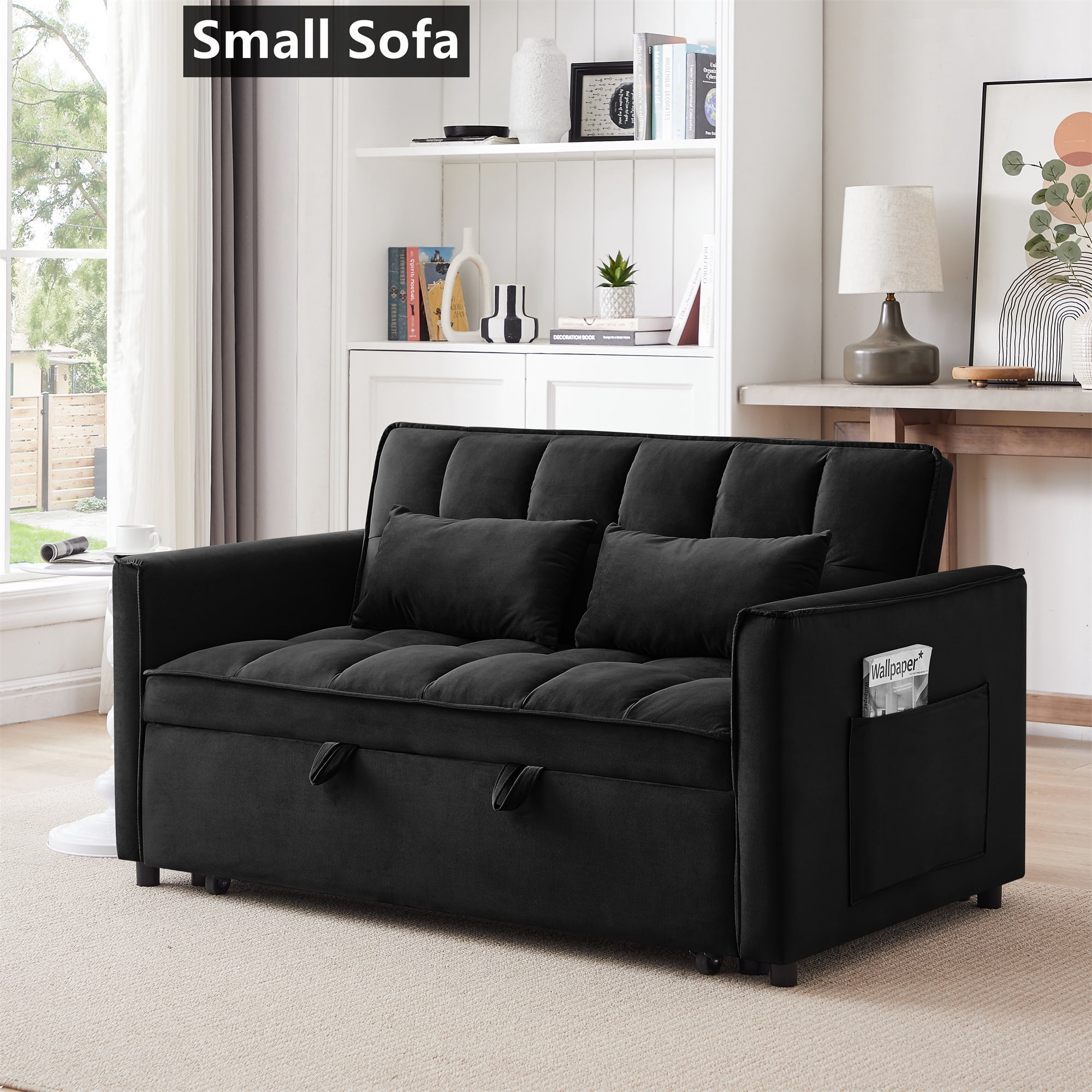 Aukfa 54" Chaise Futon Convertible Loveseat Sleeper Sofa, 2Pillows, Full Size, Velvet, Black